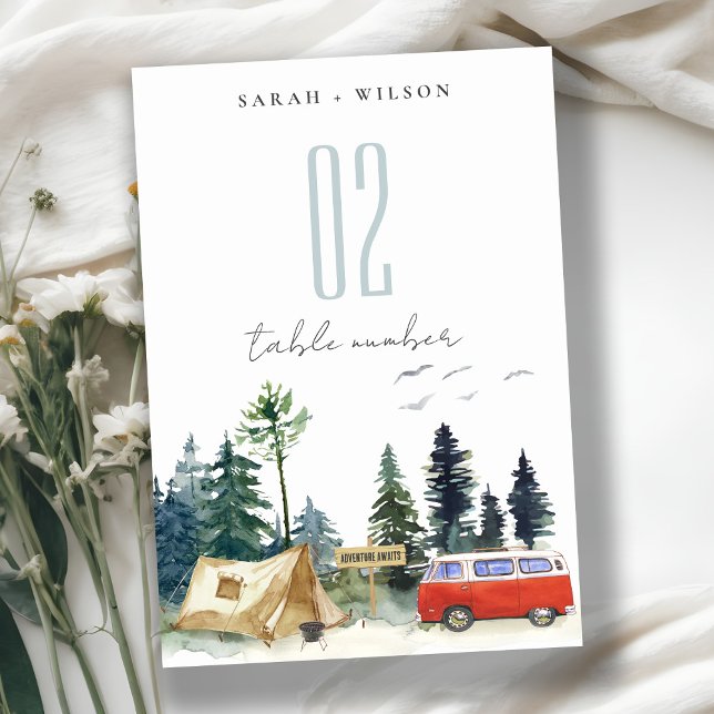 Numéro De Table Élégant Camping Aquarelle Pine Mariage (Créateur téléchargé)