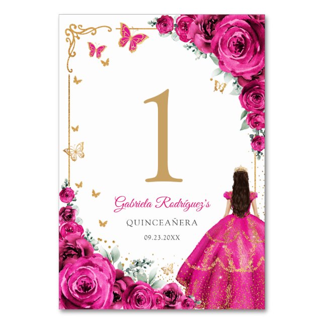Numéro De Table Élégant Chic Roses Fuchsia Rose Or Quinceanera (Par défaut)