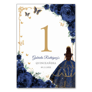 Numéro De Table Élégant Chic Roses Navy Quinceanera Or