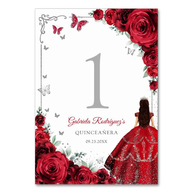Numéro De Table Élégant Chic Roses Rouges Quinceanera Argentée (Par défaut)