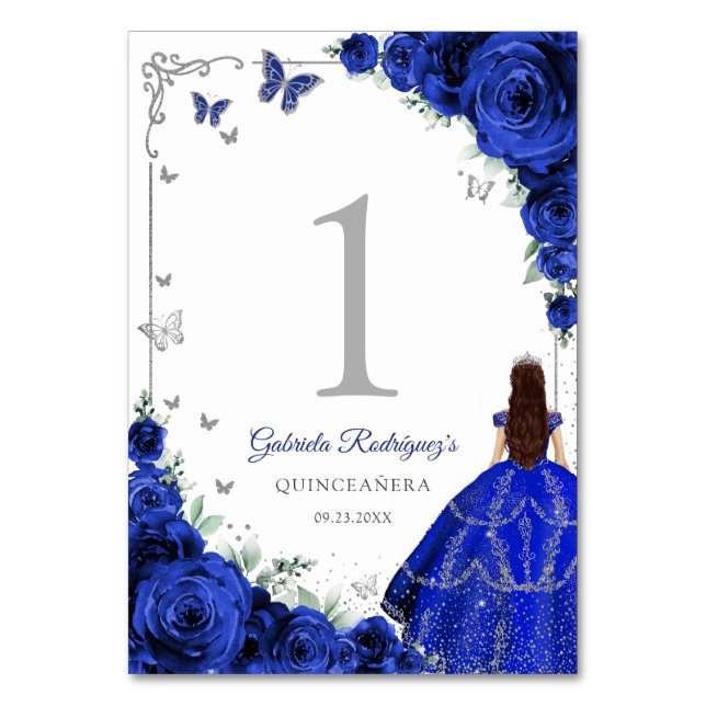 Numéro De Table Elegant Chic Royal Blue Roses Silver Quinceanera (Par défaut)