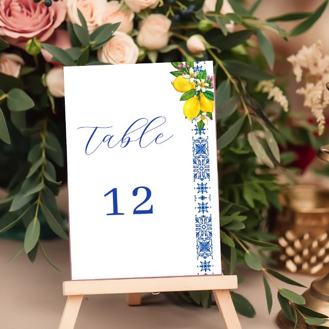 Numéro De Table Élégant citron et Mariage méditerranéen bleu (Créateur téléchargé)