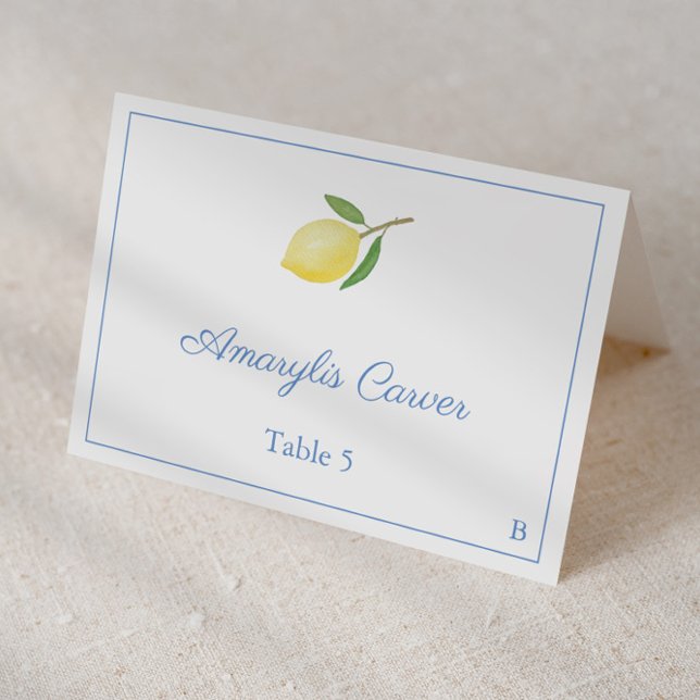Numéro De Table Élégant citrons Blue Seersucker Stripes Place Card (Individual place cards featuring simple single lemon and summery blue and white seersucker backer)