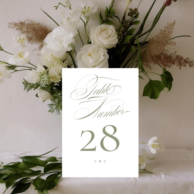 Numéro De Table Elégant Classic Sage sur White Calligraphy Mariage (Créateur téléchargé)