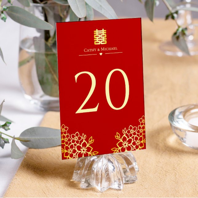 Numéro De Table Élégant double bonheur floral chinois pour mariage (Créateur téléchargé)