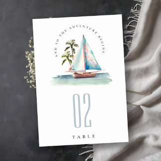 Numéro De Table Elégant Dusky Turquoise Sailboat Palm Mariage mari