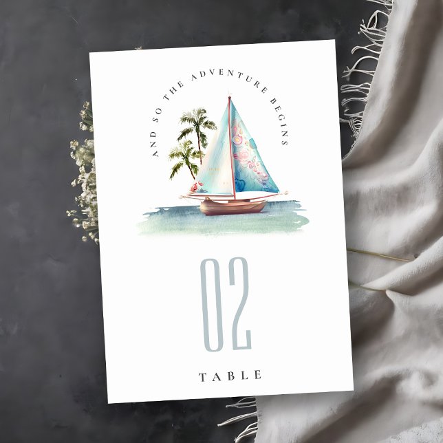 Numéro De Table Elégant Dusky Turquoise Sailboat Palm Mariage mari (Créateur téléchargé)