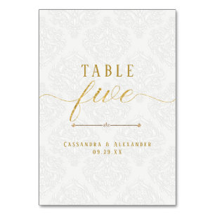 Numéro De Table Élégant écriture blanche dentelle or 5 cinq mariag