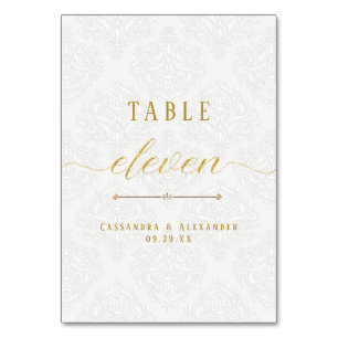 Numéro De Table Élégant écriture blanche dentelle or mariage onze