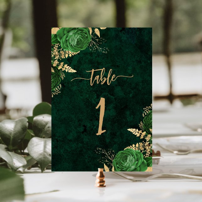 Numéro De Table Élégant Emerald Green Gold Floral Mariage (Créateur téléchargé)