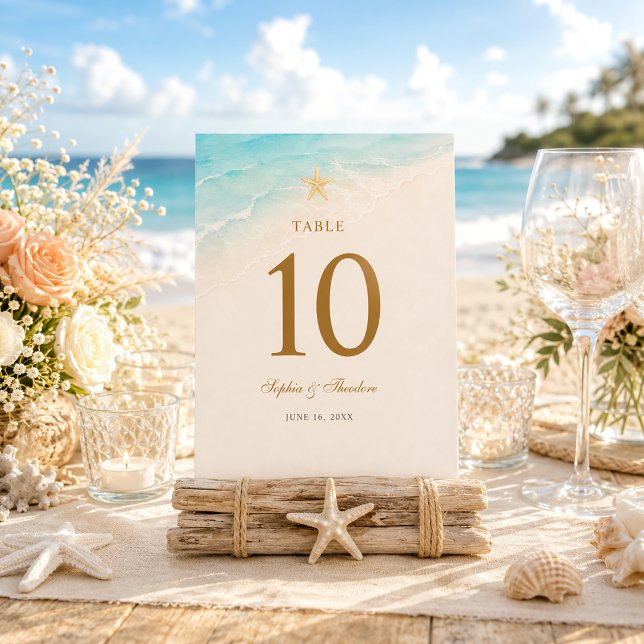 Numéro De Table Élégant Étoile de Mer Océan Bleu Mariage (Créateur téléchargé)