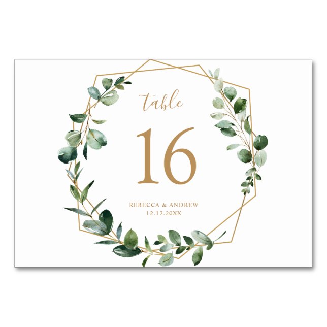 Numéro De Table Elégant Eucalyptus Verdure Gold Table Numéros (Devant)