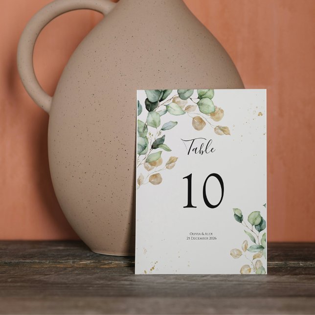 Numéro De Table Elégant Eucalyptus Verdure & Or Accents Mariage (Créateur téléchargé)