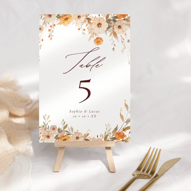 Numéro De Table Élégant Fleur sauvage d'automne orange et Mariage  (Créateur téléchargé)