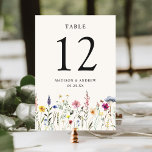 Numéro De Table Élégant Fleur sauvage Mariage crème pâté<br><div class="desc">Elégantes cartes de numéro de table mariage florale avec fleurs sauvages d'aquarelle et feuillage dans les tons rose, jaune, violet, bleu et vert bordant le fond du design sur un arrière - plan crème. Le dessin se répète à l'arrière. Les cartes de table rustiques fleur sauvage mariage sont parfaites pour...</div>