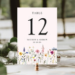 Numéro De Table Élégant Fleur sauvage Meadow Blush Pink Mariage<br><div class="desc">Elégante carte de numéro de table mariage florale avec fleurs sauvages d'aquarelle et feuillage dans les tons rose, jaune, violet, bleu et vert bordant le fond du design sur un arrière - plan rose roux. Le dessin se répète à l'arrière. Les cartes de table rustiques fleur sauvage mariage sont parfaites...</div>