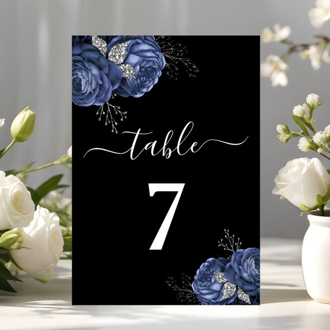 Numéro De Table Élégant floral bleu noir  (Elegant Black Blue Floral Table Number)