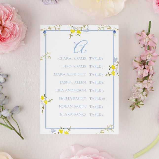 Numéro De Table Elegant Floral Blue & Yellow Wedding Seating Card (Créateur téléchargé)