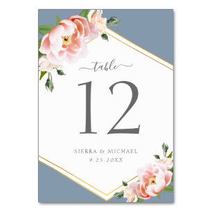 Numéro De Table Elégant floral Blush Peony or Dusty Mariage bleu