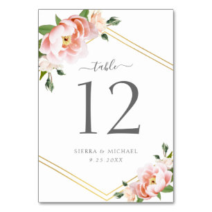 Numéro De Table Elégant floral Blush Peony or Mariage géométrique