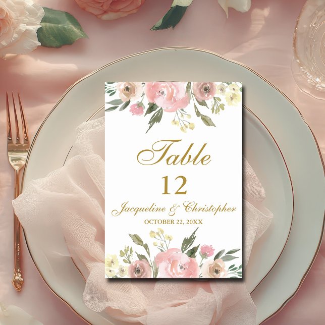Numéro De Table Élégant floral Blush Pink Gold Script Numéro de ta (Créateur téléchargé)