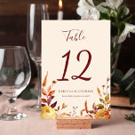 Numéro De Table Elegant Floral Boho Fall in Love Wedding<br><div class="desc">Add a romantic and stylish touch to your reception décor with the Modern Elegant Boho Floral Fall in Love Wedding Table Number. Designed to complement warm autumn celebrations and bohemian wedding themes, this table number features beautiful floral accents inspired by fall colors and natural botanical elements. The modern layout paired...</div>