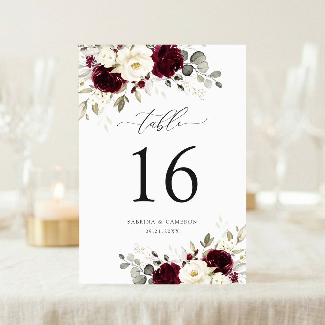Numéro de table élégant floral bordeaux blanc or (Créateur téléchargé)