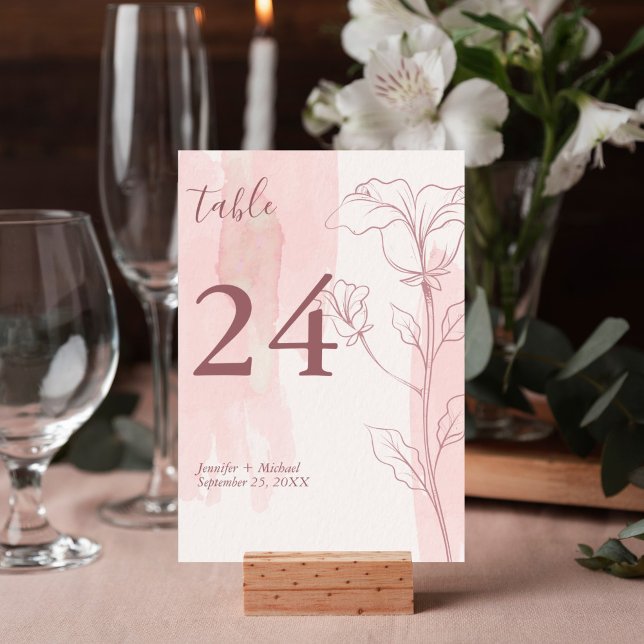 Numéro De Table Élégant Floral moderne rose Mariage d'aquarelle (Pink watercolor floral outline design table number card is perfect for your wedding reception.)