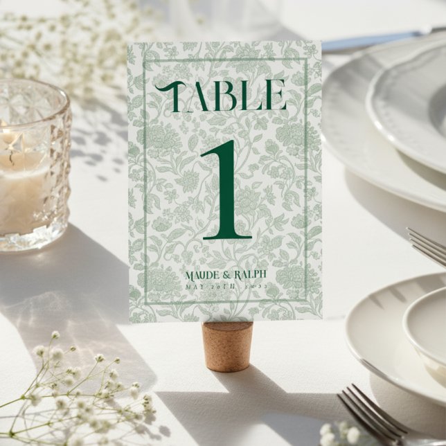 Numéro De Table Elegant Floral Toile Script Green Wedding  (Guide guests to their seats using these Elegant Floral Toile Script Green Wedding Table Number! )