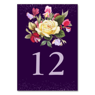 Numéro De Table Élégant Floral violet foncé rose jaune Mariage