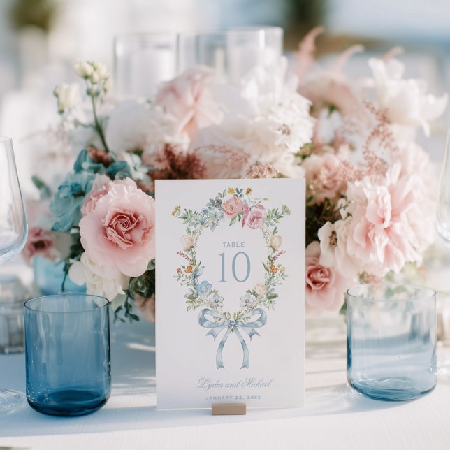 Numéro De Table Elegant Floral Wreath Crest Monogram Table Number (Créateur téléchargé)