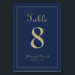 Numéro De Table Elégant Gold Blue Mariage Réception Dîner Formel<br><div class="desc">Mariage Table Numéro événement design de signe de fête dispose d'une élégance classique avec la couleur or chic contemporain sur un arrière - plan bleu marine classique. Personnalisez la conception de table mariage avec votre nom, date mariage et numéro de table dans les lettres et le script tendance. Le dos...</div>