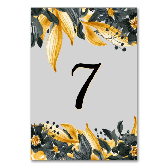 Numéro De Table Elégant Jaune + Gris Floral Aquarelle Mariage (Par défaut)