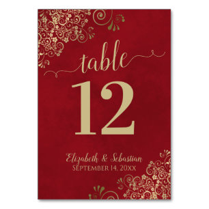 Numéro De Table Élégant Lacy Gold Calligraphie Crimson Mariage rou