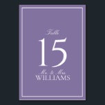 Numéro De Table Élégant Lavender Lavender Classic Script Mariage<br><div class="desc">Un numéro de table classique et élégant de mariage de lavande lilas, avec calligraphie de script. Parfait pour la mariée moderne ayant une liaison formelle. Voir la suite ici : https://www.zazzle.com/collections/elegant_lilac_lavender_classic_script_wedding-119845502590580190 Contacter le concepteur pour les produits correspondants pour compléter la suite, OU pour les variations de couleur de ce design....</div>