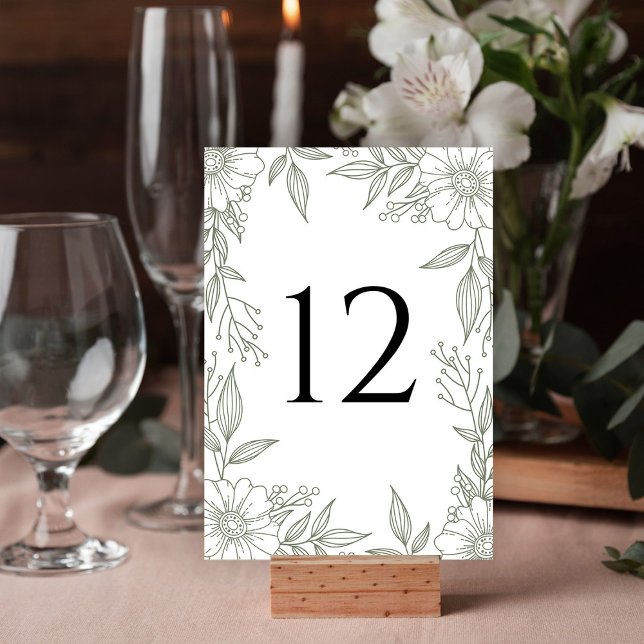 Numéro De Table Élégant ligne florale dessin Sage Mariage vert (Créateur téléchargé)