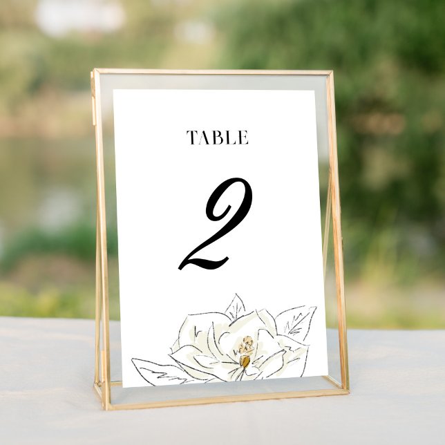 Numéro De Table Élégant Mariage blanc Magnolia (Elegant Southern-inspired white magnolia illustration wedding table number cards.)