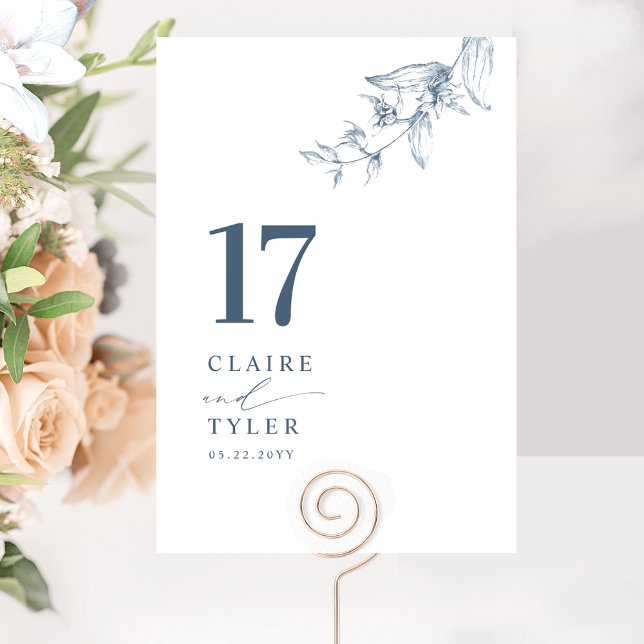Numéro De Table Élégant Mariage Botanique Minimal Bleu (Créateur téléchargé)