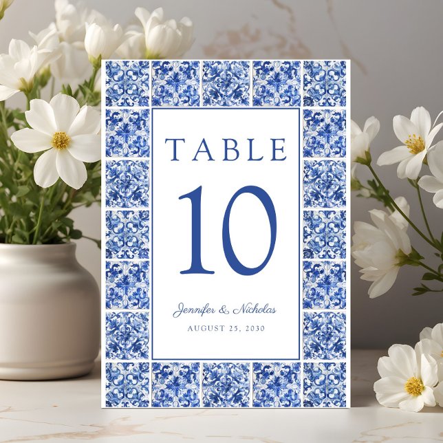 Numéro De Table Élégant Mariage Carreaux Bleus Méditerranéens (Elegant Mediterranean Blue Tiles Wedding Table Number)