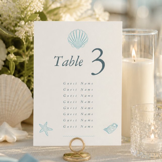 Numéro De Table Élégant mariage coquillage côtier (Coastal Seashell Elegant Wedding Table Number)