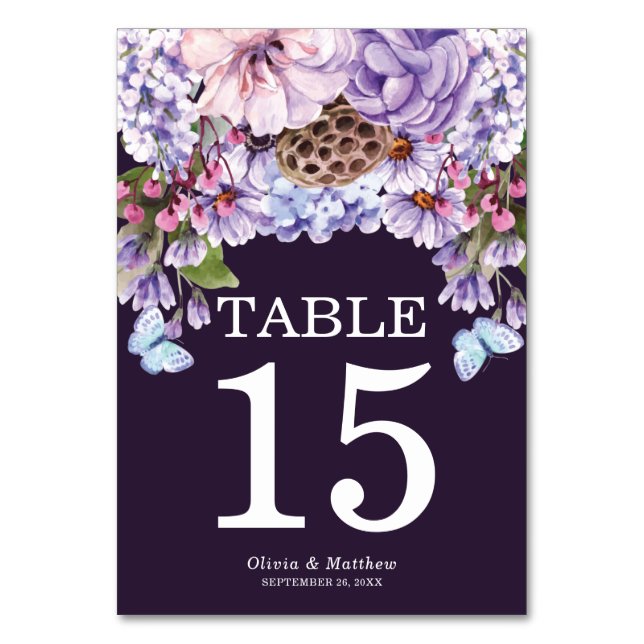 Numéro De Table Élégant Mariage d'aquarelle florale pourpre (Par défaut)