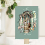 Numéro De Table Elégant Mariage d'aquarelle Terre, vert, bleu<br><div class="desc">Bienvenue à vos invités dans le style avec nos élégants numéros de table aquarelle - un mélange parfait de charme et de sophistication. Chaque numéro de tableau présente un paysage doux et aquarellé dans des tons vert sereins, bleus et terreux, dressés contre un riche arrière - plan vert. Au centre,...</div>