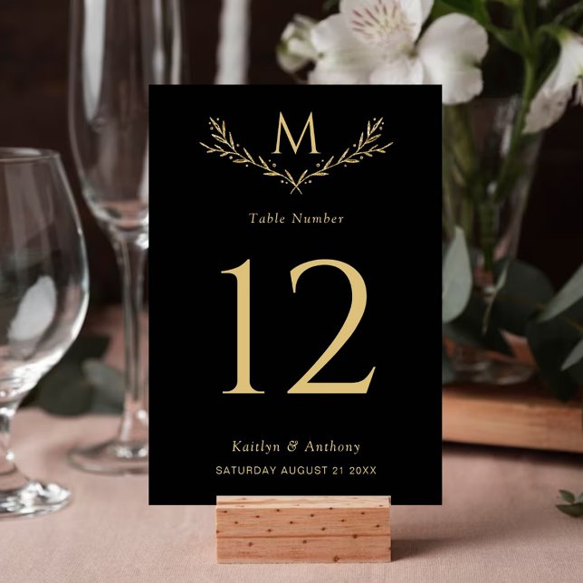 Numéro De Table Élégant Mariage de couronne de monogramme noir et  (Créateur téléchargé)