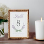 Numéro De Table Élégant Mariage de lavande d'aquarelle de script<br><div class="desc">Numéros de table lilas et mariage vert élégants avec tiges de lavande aquarelle disposés dans une couronne ouverte. Le titre "Table" est en caractères lilas. Personnalisez avec vos noms et votre date de mariage.</div>
