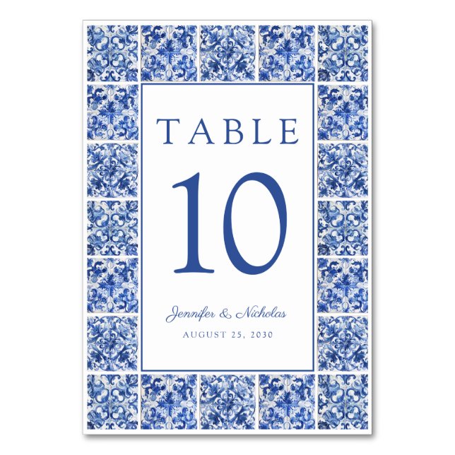Numéro De Table Elégant Mariage de tuiles Bleues Méditerranéennes (Par défaut)