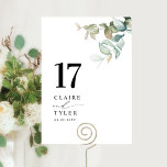 Numéro De Table Élégant, Mariage de verdure minimaliste<br><div class="desc">Guidez vos invités à leur table avec cette carte de numéro de table de mariage élégante. Design élégant et simple avec des noms sur le côté avec le "et" dans la calligraphie manuscrite moderne. Aquarelle délicate Les branches d'Eucalyptus comme détail d'angle. Veuillez placer une commande individuelle pour "chaque" numéro de...</div>