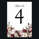 Numéro De Table Elégant Mariage floral Bourgogne et bleu<br><div class="desc">Elégante carte de numéro de table de mariage floral et bordeaux.</div>