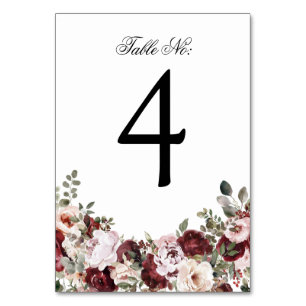 Numéro De Table Elégant Mariage floral Bourgogne et bleu