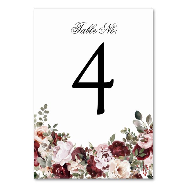 Numéro De Table Elégant Mariage floral Bourgogne et bleu (Par défaut)