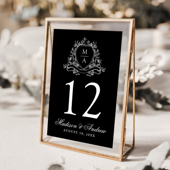 Numéro De Table Élégant Mariage Floral Crest Monogramme noir (Créateur téléchargé)